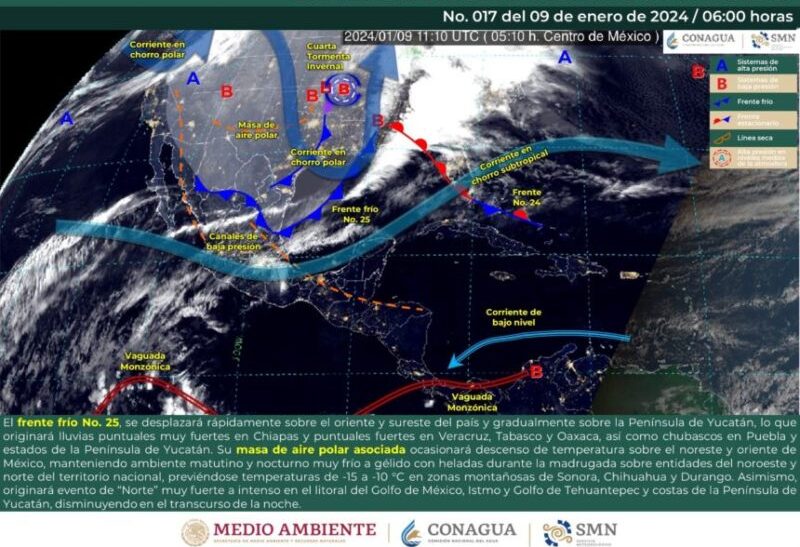 Frente frío número 25 provocará precipitaciones, bajas temperaturas y fuertes vientos en mayor parte del estado